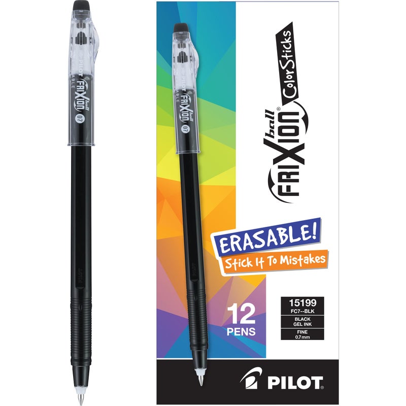 Pilot FriXion ColorSticks Erasable Gel Ink Pens, Fine Point 0.7 mm, Black, Pack of 12, Erasable Pens - Ideal for School, Journaling, & Office Writing - Image 1